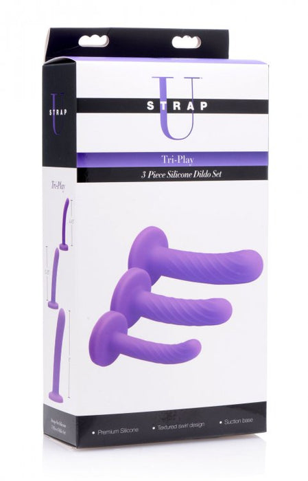 XR Brands Strap-U Tri-Play 3-Piece Silicone Dildo Set Purple | thevibed.com