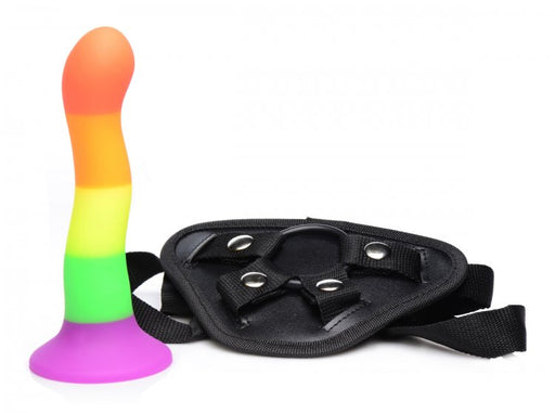 XR Brands Strap-U Proud Rainbow Silicone Dildo with Harness and Bullet Vibe | thevibed.com