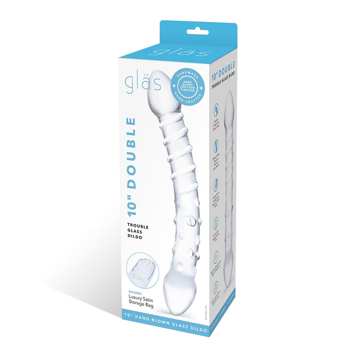 Glas Double Trouble 10" Glass Double-Sided Textured Dildo Clear | thevibed.com