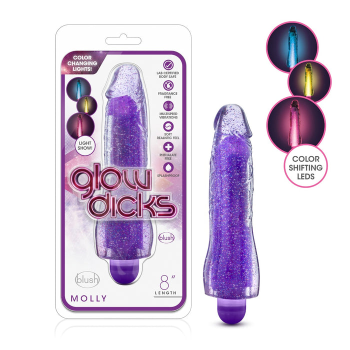 Blush Glow Dicks Molly Glitter Light-Up Vibrating 8" Dildo | thevibed.com
