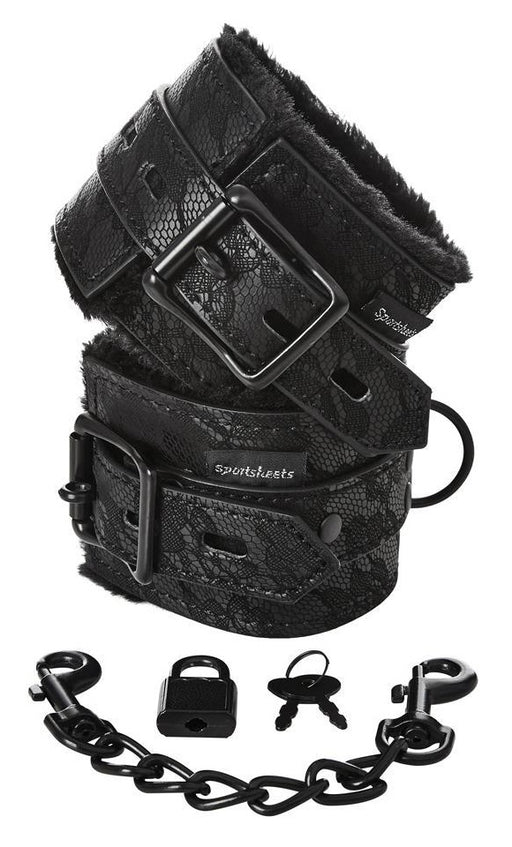 Sincerely Sportsheets Black Lace Fur-Lined Cuffs with Padlock and Key | thevibed.com